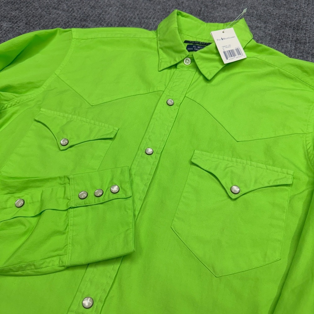 NWT Vtg Polo Ralph Lauren RL Western Shirt Mens S Lime Green Pearl Snap Cotton